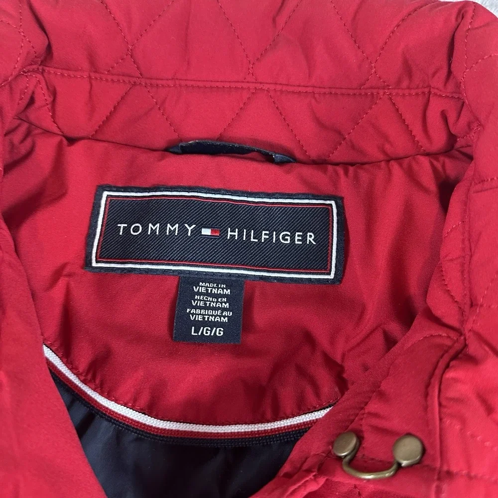 Tommy Hilfiger Womens Quilted Jacket L Red Diamond Snap Preppy Equestrian Urban